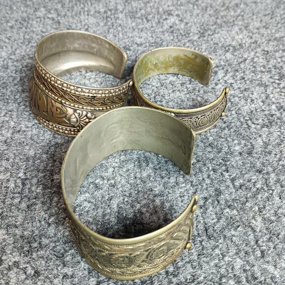 Tibetan Nepal Brass Copper Cuff Bracelets Om Mani Padme Hum Mantra Set of 3 - Picture 8 of 10